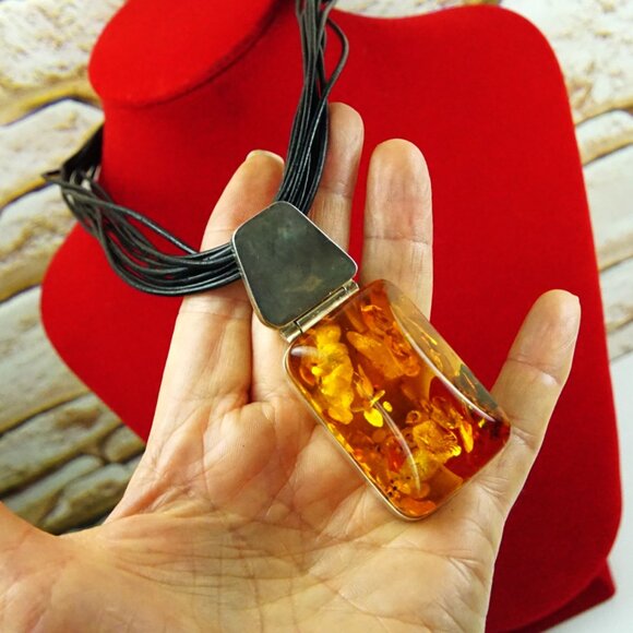 Modernist Faceted Amber and 925 Silver Huge Pendant With Black Leather Cord 17" - Picture 4 of 16